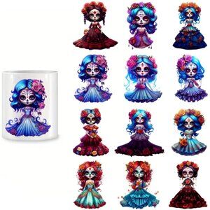Mexican Sugar Skull UV DTF Waterproof Tumbler Stickers 4 Sheets 12 Total Decals